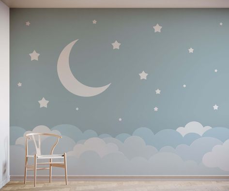 Moon And Stars Mural Nursery, Star Mural Nursery, Night Sky Nursery Mural, Wallpaper For Children's Rooms, Moon Mural Nursery, Nursery Mural Ideas Neutral, Children Bedroom Wallpaper, Wallpaper For Children Bedroom, Nursery Mural Ideas