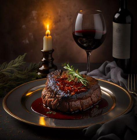 A plate of steak with red wine sauce and vegetables, perfect for a Valentine's Day dinner Steak And Wine Aesthetic, Steak Aesthetic Dinner, Ribeye Steak Dinner Ideas, Wine Dinner Aesthetic, Romantic Steak Dinner, Steak Red Wine Sauce, Steak With Red Wine Sauce, Wine Sauce For Steak, Steak And Wine