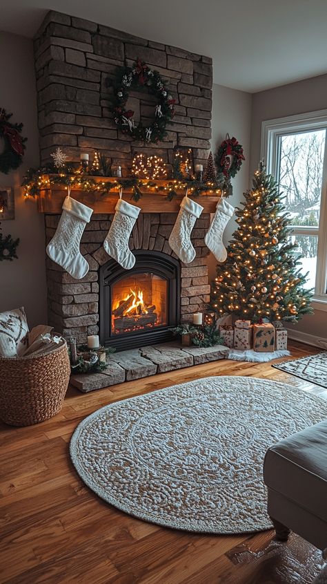 Cozy up this holiday season! 🎄✨ Enjoy the warmth of a crackling fireplace surrounded by elegant stockings and twinkling lights. The soft glow of golden ornaments and greenery create the perfect Christmas atmosphere. Embrace the charm of rustic stone and wood accents. 🎅❄ #christmas #decor #fireplace #cozy #holiday #warmth #festive #rustic #home #decoration Christmas Decor Fireplace, Fireplace Cozy, Stone And Wood, Decor Fireplace, By The Fireplace, Christmas Atmosphere, Rustic Stone, Twinkling Lights, Cozy Holiday