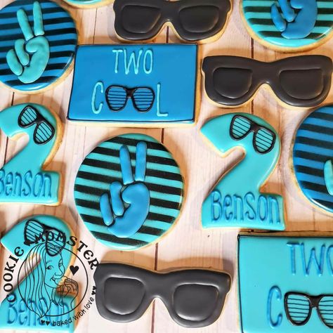 2nd Birthday Pool Party For Boys, Two Cool Birthday Cookies, One Cool Dude Cookies, Two Cool Cookies, Two Cool Birthday Party Boy, Two Cool Party, Two Cool Birthday Party, Cookie Brownie Recipes, Cool Birthday Ideas