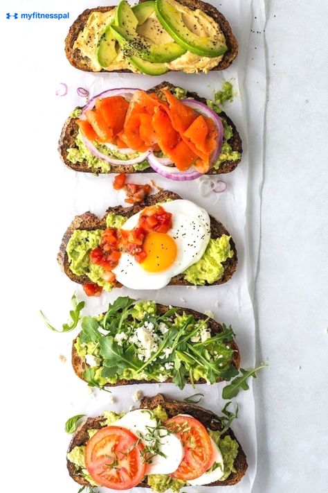 Interested in avocado benefits, avocado nutritional facts, or avocado recipes? Try these five easy, delicious breakfast recipes on avocado toast, each with no more than 300 calories and five simple ingredients. Avocados are a healthy fat to add in weight loss recipes if you're on a plant based diet, a keto diet, a paleo diet, a mediterranean diet or DASH diet. #MyFitnessPal #avocadorecipes #avocadotoast #easybreakfast #healthybreakfast #5ingredientbreakfast #300caloriesnacks #lowcaloriesnacks Banana Avocado Recipes, Avocado Toast Calories, Healthy Avocado Recipes, Healthy Toast Toppings, Avocado And Toast, Recipes Under 300 Calories, Avocado Toast Recipes, Avocado Recipes Breakfast, Healthy Toast