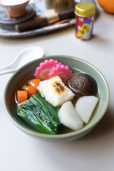 Ozoni (Japanese New Year Mochi Soup) - Onolicious Hawaiʻi Ozoni Recipe, Mochi Soup, Japanese New Year Food, Hawaii Recipes, Japanese Mochi, Chicken Carrots, Dashi Broth, Deep Fried Tofu, Hawaiian Dishes