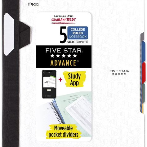 Scan, study and organize your notes with the Five Star App. Create instant flashcards and sync your notes to Google Drive to access them anywhere from any device. 5 subject notebook has 200 double-sided, college ruled sheets of high quality paper that are perforated for easy tear out. Sheets measure 8-1/2" x 11" when torn out Notebook Study, College Ruled Paper, College Notebook, Busy Beaver, Spine Labels, College Supplies, Paw Print Stickers, Ruled Paper, Ruled Notebook