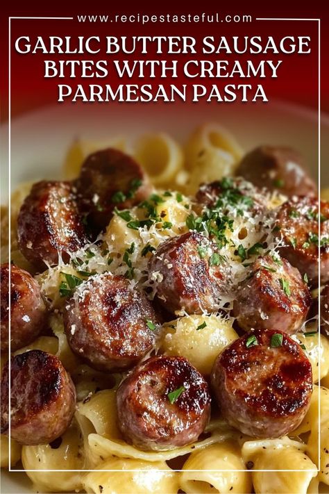 These garlic butter sausage bites served over creamy Parmesan pasta are a hearty, comforting dish packed with flavor. The garlicky, buttery sausage bites paired with rich, cheesy pasta make this an irresistible weeknight dinner. Garlic Butter Sausage, Creamy Parmesan Pasta, Sausage Bites, Garlic Parmesan Pasta, Dude Food, How To Cook Pork, Creamy Parmesan, Parmesan Pasta, Cheesy Pasta