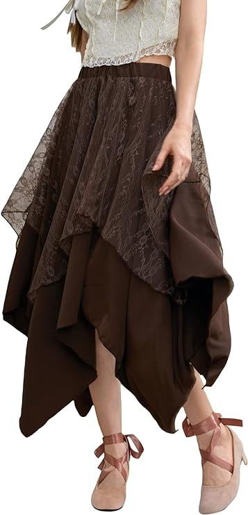 Amazon.com: Verdusa Women's Lace Overlay Elastic Waist Asymmetrical High Low A Line Long Skirt Coffee Brown L : Clothing, Shoes & Jewelry Rag Skirt, Fair Outfits, Bustle Skirt, Fairy Skirt, Brown Skirts, Hem Skirt, Asymmetrical Skirt, Fall Skirts, Layered Skirt