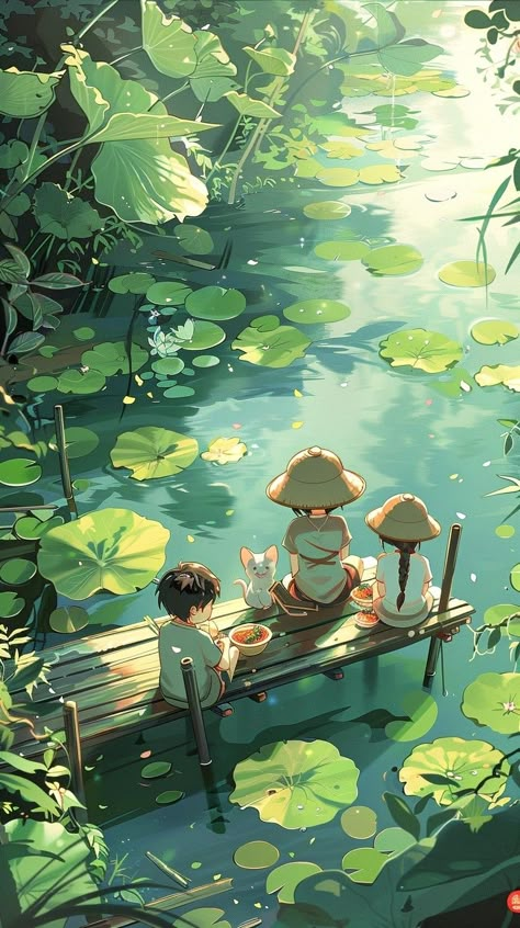 Lilly Pad Aesthetic, Inner Peace Art, Green Pond, Japanese Food Illustration, Book Cover Illustration, Anime Artwork Wallpaper, Anime Scenery Wallpaper, Anime Artwork, Scenery Wallpaper