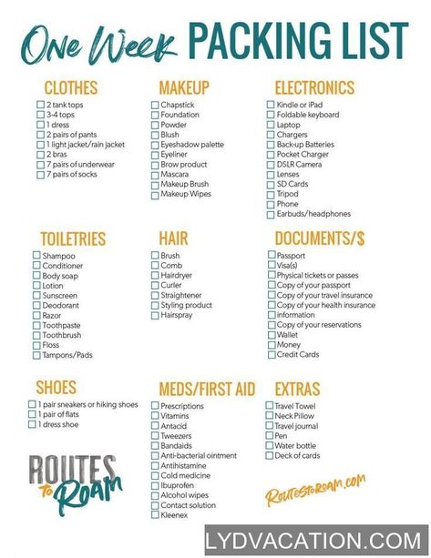 One Week Packing Checklist for a week long vacation - A printable packing list to keep you… | Travel packing checklist, Packing checklist, Packing list for vacation One Week Packing List, Week Packing List, Trip Essentials Packing Lists, Printable Packing List, Beach Vacation Packing, Pack List, Travel Packing Checklist, Trip Packing List, Ultimate Packing List