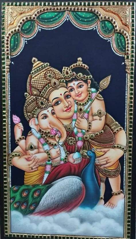 Parvathi Devi With Ganesha, Tanjore Painting Sketches, Murugan Tanjore Painting, Ganesha Tanjore Painting, Krishna Tanjore Painting, God Lakshmi, Hindu Puja, Mysore Painting, Indian Traditional Paintings