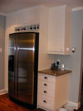 cabinet over fridge | wine cubbies above fridge, extended depth cabinet above Fridge Cabinet Surround, Above Fridge Cabinet, Above Fridge, Refrigerator Cabinet, Ikea Kitchen Cabinets, Kitchen Redo, Ikea Kitchen, Kitchen Projects, Kitchen Remodel Idea