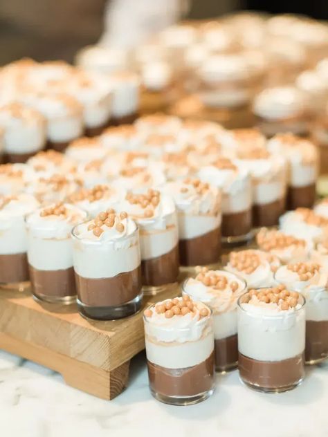 Mini layered mousse engagement party dessert idea Dessert Bar Engagement Party, Boxed Dessert Ideas, Engagement Dessert Ideas, Dessert Engagement Party, Wedding Finger Desserts, Desserts For Engagement Party, Engagement Party Desserts Ideas, Engagement Party Appetizer Ideas, Engagement Desserts