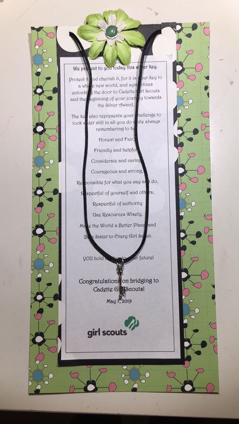 Silver Key Poem and gift for GS Juniors bridging to Cadettes. Cadette Bridging Gifts, Cadette Bridging Ceremony Ideas, Bridging To Cadettes, Cadette Girl Scout Badges, Fundraising Thermometer, Bridging Ceremony, Daisy Ideas, Girl Scout Bridging, Girl Scout Troop Leader