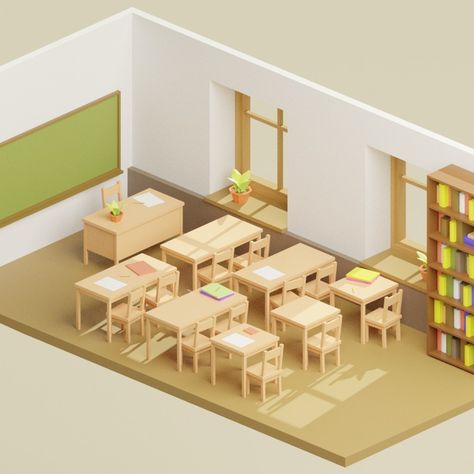 Low Poly Chair, Table, Plant, Window, Bookshelf... in a Classroom 3D Model Window Bookshelf, Classroom Scene, Elementary School Architecture, Poly Chair, Teacher Table, Half Table, Classroom Window, House Models, Classroom Background