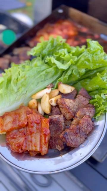 Samgyeopsal Recipe, Korean Grilled Pork, Fried Kimchi, Stir Fry Kimchi, Grilled Pork Belly, Pork Belly Strips, Recipe Korean, Korean Grill, Roasted Garlic Cloves