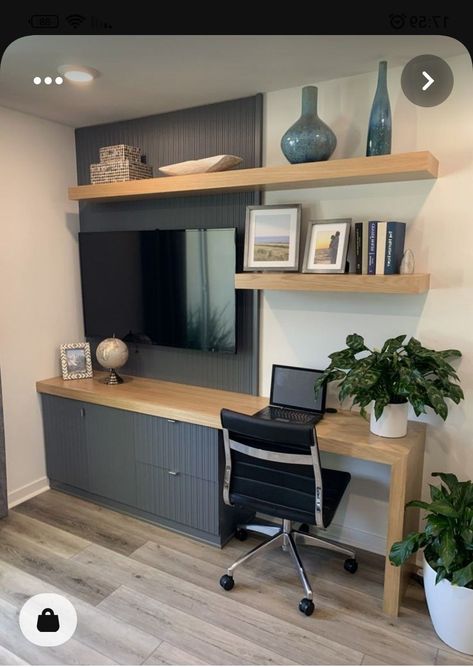 Refreshing Room Ideas, Office Guest Room Combo With Tv, Small Tv Room Office Combo, Tv With Desk Underneath, Office Space Bedroom Combo, Awkward Loft Space Ideas, Tv And Desk Combo, Tv Desk Combo, Small Dining Room Office Combo