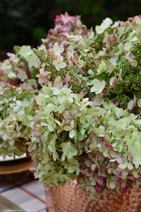 Dried Hydrangeas Centerpiece, Dry Hydrangea Arrangements, Hydrangea Arrangements Wedding, Country Flower Arrangements, Hydrangea Centerpiece Wedding, Fall Hydrangea, Pumpkin Vase, Limelight Hydrangea, Hydrangea Centerpiece