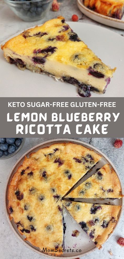 Keto Lemon Blueberry Ricotta Cake is creamy, moist and so delicious. Best of all, it's low-carb, gluten-free, and even sugar-free. It's perfect for serving with tea or coffee. #ketocake #lowcarb #sugarfree #blueberry #ricottacake #breakfast Low Carb Ricotta Dessert, Ricotta Recipes Keto, Keto Ricotta Cheese Recipes, Keto Ricotta Recipes Dessert, Ricotta Keto Recipes, Blueberry Keto Recipes, Low Carb Ricotta Recipes, Keto Ricotta Cake, Keto Ricotta Recipes