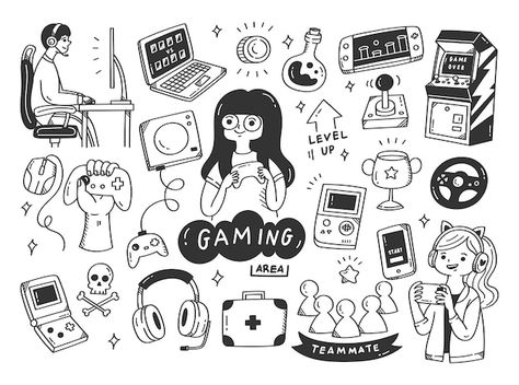 Set of video game doodle illustration | Premium Vector #Freepik #vector #console #controller #joystick #doodle-illustration Gaming Doodle Art, Video Game Illustration Art, Doodle Art Characters, Video Game Doodles, Gamer Drawings, Game Illustration Design, Video Games Drawing, Video Games Illustration, Video Game Illustration