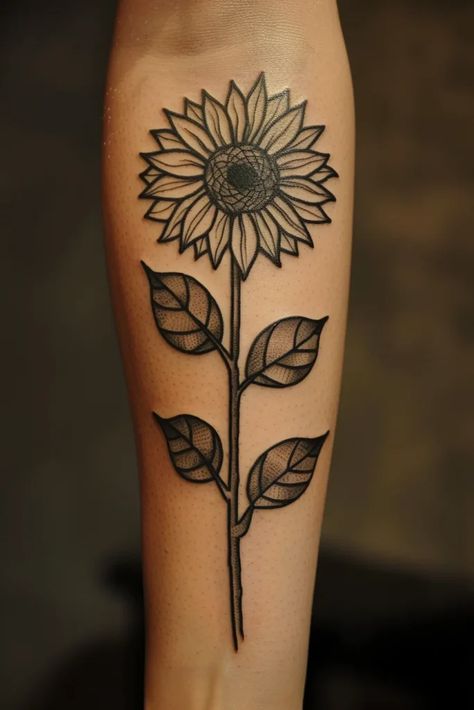 Sunflower Tattoo Leg, Sunflower Tattoo Forearm, Sunflower Thigh Tattoo, Small Sunflower Tattoo, Meaning Of Sunflower, Sunflower Tattoo Meaning, Thigh Tattoo Ideas, Black Work Tattoo, Leg Tats