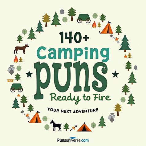 Get ready to pitch a tent and laugh out loud with our collection of 140+ camping puns! Whether you're hiking with friends or roasting marshmallows around the campfire, these witty quips will keep the good vibes rolling. Don’t just "camp" — let's "pun" it up! 🔥⛺️🌲 #puns #CampingHumor #OutdoorFun #AdventureAwaits #NatureLovers Funny Camping Quotes, Camping Puns, Camping Sayings, Funny Camping Signs, Camper Quotes, Jw Humor, Hiking With Friends, Camping Hair, Campfire Stories