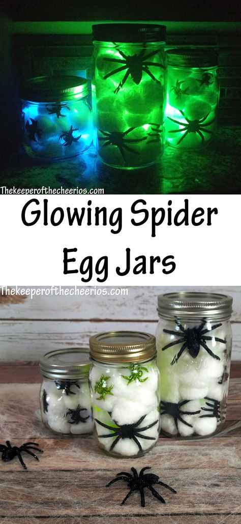 Glowing Spider Egg Jars, Glowing spider jars, Halloween jars, dollar store Halloween decoration  halloween birthday party ideas, office halloween party, halloween party signs #halloweenpartyinspiration #halloweenparty2016 #halloweenpartyshinsaibashi Spider Eggs, Party Decorations Diy, Halloween Garage, Spider Theme, Glow Jars, Dollar Store Halloween Decorations, Glow Halloween, Halloween Jars, Halloween Mason Jars