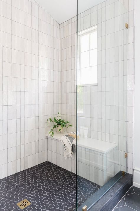 Work — Alima Deneke Interior Design Studio Large Gray Hexagon Tile Bathroom, Grandmillennial Bathroom, Patterned Bathroom Floor, Black Bathroom Floor Tiles, Black Tile Bathroom Floor, Timeless Tile, Black Bathroom Floor, Black Tile Bathrooms, Black Floor Tiles