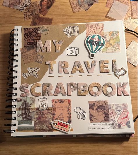 Travel Scrapbook Front Page, Travel Album Scrapbook, Travel Photo Album Diy, Travel Scrapbook Cover Ideas, Diary Maintaining Ideas, Scrab Book Cover Page Ideas, Travel Journal First Page, Travel Scrapbook Front Cover, Memories Scrapbook Cover