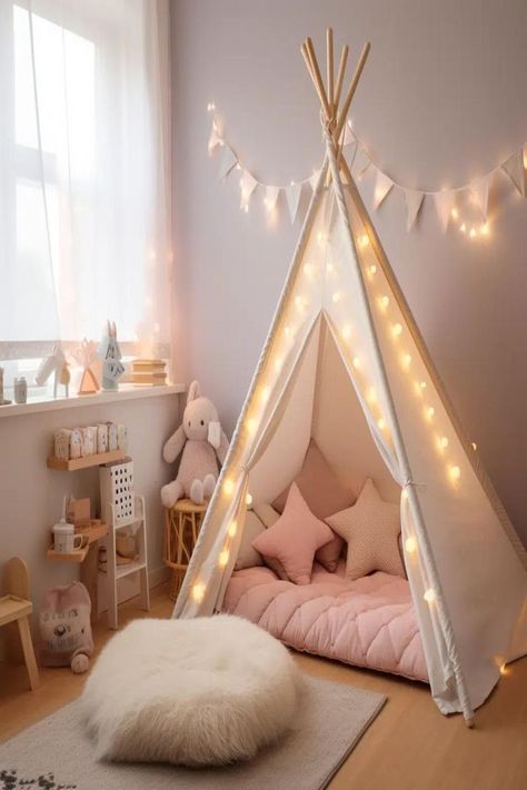 Teepee corner in a toddler girl's bedroom Toddler Tent Bed Girls Bedroom, Toddler Room For Boy And Girl, Toddler Room Girl Ideas, Todler Room Ideas Girl, Cozy Toddler Girl Room, Baby Girl Toddler Room, Toddler Girl Pink Bedroom, Toddler Bedroom Girl Ideas, Pink Childrens Bedroom