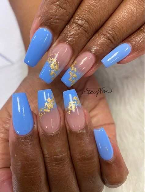 Blue And Gold Marble Nails, Blue White And Gold Nails, Light Blue And Gold Nails, Gold And Blue Nails, Blue Foil Nails, Golden Nails Designs, Cross Nail Designs, Blue Gold Nails, Gold Acrylic Nails