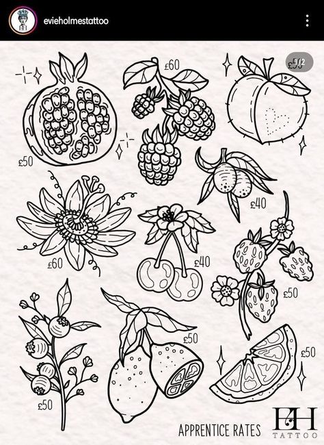 Flower Patch Work Sleeve Tattoo, Patchwork Cottagecore Tattoo, Tattoos For Apprentices, Flash Tattoo Nature, Cute Traditional Tattoo Flash, Botanical Tattoo Flash, Botanical Flash Tattoo, Fruit Flash Tattoo, Outline Sleeve Tattoo