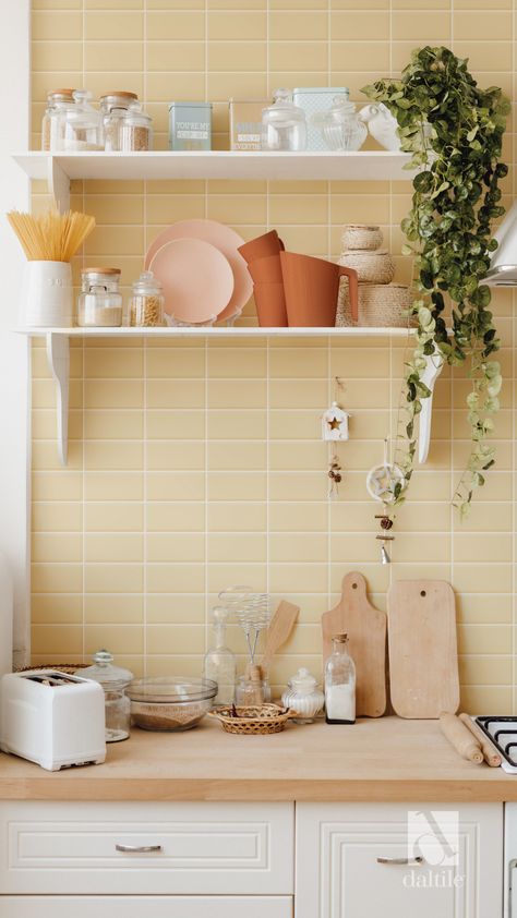 Yellow Tile Kitchen, Kitchen Interior Tiles, Yellow Tile Bathroom Ideas, Yellow Kitchen Tiles, Yellow Wall Tiles, Warm Kitchen Colors, Kitchen Color Yellow, Cabin Renovation, Camper Interior Design