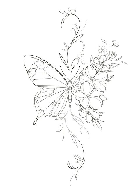 Spiritual Butterfly Tattoos For Women, Pretty Tattoos Butterfly, Orchid And Butterfly Tattoo Design, Butterfly And Flower Tattoo, Butterfly Flower Tattoo, Butterfly With Flowers, Butterfly With Flowers Tattoo, Butterfly Tattoo Stencil, Tattoo Zeichnungen