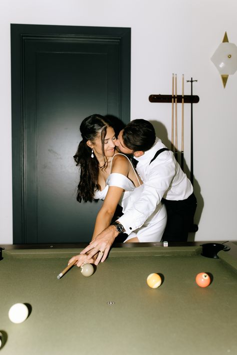 Pool Hall Engagement Photos, Pool Table Wedding Photos, Pool Table Couple Photoshoot, Engagement Photos Playing Pool, Billiards Engagement Photos, Engagement Photos Pool Table, Country Club Engagement Photos, Pool Table Engagement Photos, Golf Wedding Photos