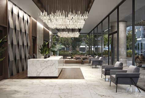 modern lobby apartment on Behance Apartment Lobby Design, Building Entrance Lobby, Hotel Bloxburg, Reception Area Ideas, Bloxburg Apartment, Modern Hotel Lobby, Gray Rug Living Room, Lobby Designs, Modern Lobby