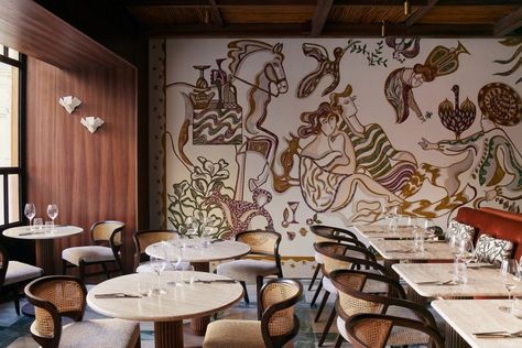 Oka Fogo restaurants in Paris feature murals by Florence Bamberger Alcove Seating, Brazilian Restaurant, Mirror Ceiling, Cosy Lounge, Wood Facade, Ceiling Murals, Design Palette, Paris Restaurants, Interior Garden