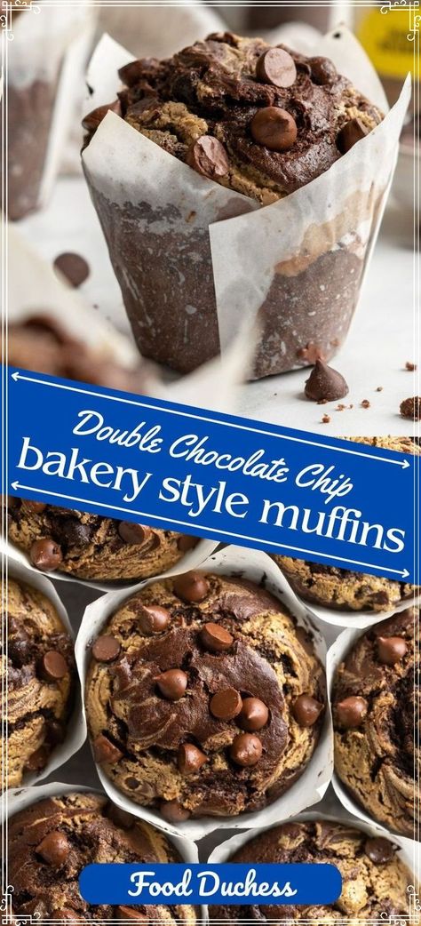 These Bakery Style Double Chocolate Chip Muffins feature a creamy SunButter swirl on top, for that perfect chocolatey “nutty” flavour! These chocolate muffins are thick, moist, and fluffy, and are jam-packed with a ton of ooey-gooey chocolate chips! This recipe also features tips and tricks to ensure your muffins turn out nice, tall and fluffy – just like one from a bakery! Muffins Bakery Style, Moist Chocolate Chip Muffins, Banana Streusel Muffins, Sunbutter Recipes, Bakery Muffins, Double Chocolate Chip Muffins, Bakery Style Muffins, Double Chocolate Muffins, Muffin Streusel