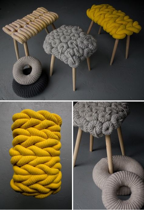 chunky knitted stools @Megan Ward Ward Maxwell Uselton - Thinking of you...knitting and the colors! Deco Originale, Textile Design, Home Deco, Stools, Knit Crochet, Diy Furniture, Home Accessories, Furniture Design, Home Diy