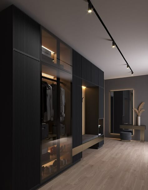 Dark Modern Entryway, Mediterranean Villa Design, Bed Back Design, Drawing Room Decor, Dream Closet Design, Dark Modern, Black Interior Design, Luxury Closets Design, Wardrobe Interior Design