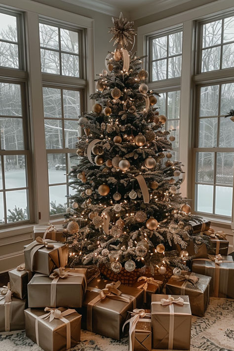 christmas decor idea Bougie Christmas Tree, Christmas Tree Ideas Frosted, Celebrity Christmas Trees, Classy Christmas Tree Ideas, Gold And Champagne Christmas Tree, Gold And Brown Christmas Tree, White And Brown Christmas Tree, Champagne Christmas Tree Decorations, Woodland Christmas Tree Ideas