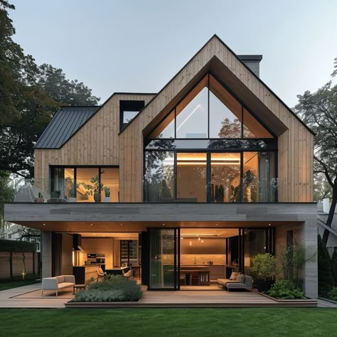 Modern twostory timber house with large windows, black roof and light wood cladding on the walls. The front of which is decorated in beige color. On one side there's an open terrace for outdoor living space. A view from outside. Green lawn around. House With Large Windows, Triangle Roof, Open Terrace, Windows Black, Modern Mountain House, Triangle House, Black Roof, Farmhouse Architecture, A Frame House Plans