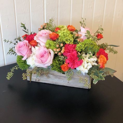 Rectangular Flower Arrangements, Clay Bouquet, Container Arrangements, Center Peices, Birthday Flower Delivery, Roses Orange, Mini Carnations, Box Flowers, Florist Design