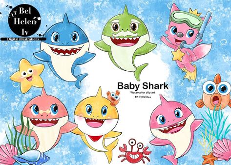 Baby Shark $15.00 Watercolor clip Art 12 files Baby Shark Characters, Watercolor Clip Art, Adventures In Wonderland, Cartoon Shows, Baby Shark, Watercolor Clipart, Digital Illustration, Kids Birthday, Clip Art