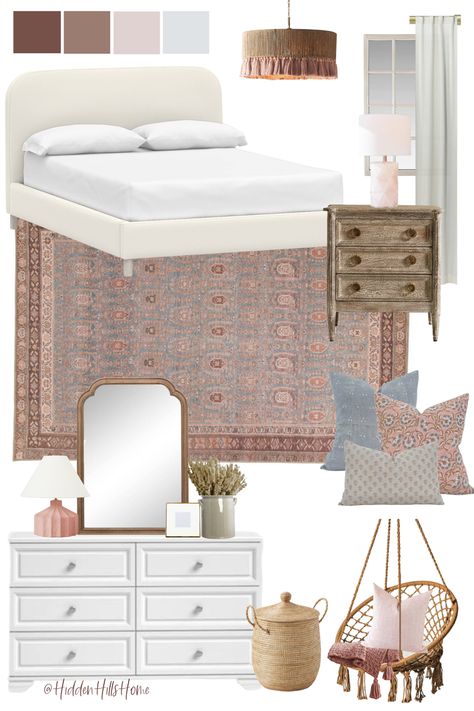 Girls bedroom decor mood board with blue, blush, and mauve tones throughout! This young girls room is feminine and youthful Blue And Mauve Bedroom, Light Mauve Bedroom, Mauve Bedroom Decor, Mauve Girls Bedroom, Mauve Girls Room, Mauve Bedroom Ideas, Girls Bedroom Mood Board, Maroon Room, Maroon Bedroom