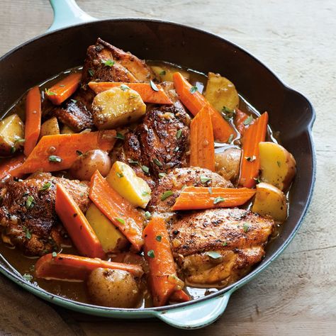 Braised Chicken Thighs with Carrots, Potatoes and Thyme | Williams-Sonoma Braiser Recipes, Braised Chicken Thighs, Red Potato, Beef Meals, Carrots Potatoes, Sweet Paprika, Purple Onion, Skillet Dinners, Dry Vermouth