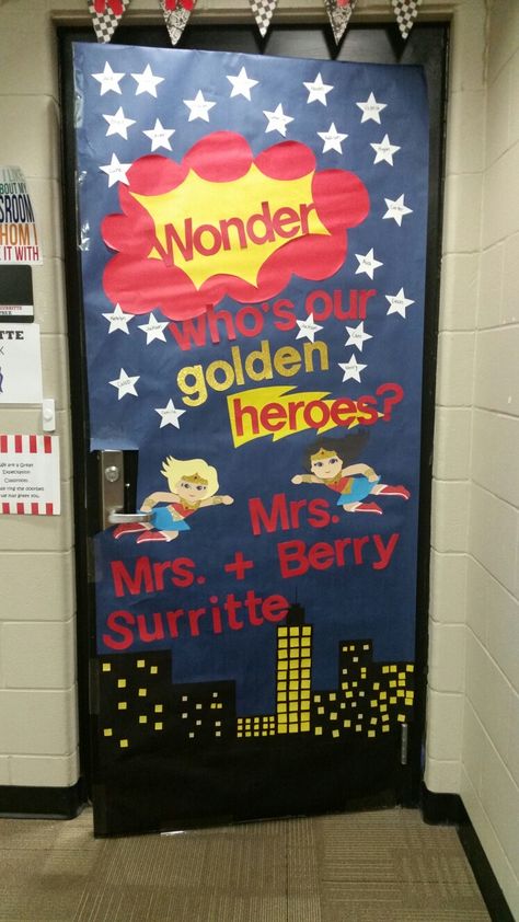 Wonder Woman golden door decoration homeroom teacher appreciation Wonder Woman Door Decoration, Teacher Appreciation Door, Teacher Appreciation Doors, Homeroom Teacher, Golden Door, Superhero Room, Christmas Door Decorations, Door Decoration, Door Ideas