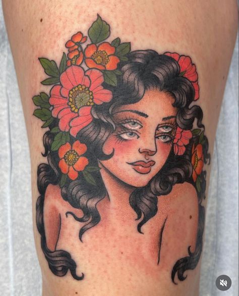 Unique Neo Traditional Tattoo, Neo Traditional Tattoos Color, Tattoo Of Woman Faces, Woman Portrait Tattoo Design, Face Flower, Traditional Tattoo Woman Face, Traditional Tattoo Girls, Flower Crown Drawing, Traditional Tattoo Woman