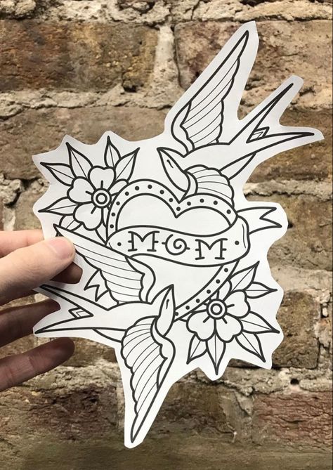 Traditional Tattoos With Names, Trad Mom Tattoo, Old School Mom Heart Tattoo, American Traditional Family Tattoo, Mom Flash Tattoo, Tattoos About Mom For Men, Mom Tattoo Stencil, Traditional Line Work Tattoo, Old School Mom Tattoo