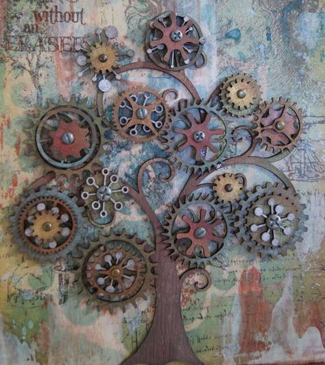 Garden Art From Junk, Steampunk Kunst, Boom Kunst, Metal Gears, Mixed Media Diy, Art Steampunk, Diesel Punk, Steampunk Decor, Metal Tree Wall Art