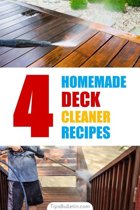 Find out how to clean your deck and outdoor area with 4 homemade deck cleaner recipes. Perfect cleaning tips on how to make a mildew and algae, murphy's oil mildew cleaner as well as bleach or soapy deck scrub. Ideal for manual or pressure washer use. #deckcleaning #scrub #patio #cleaner Deck Cleaner, Deck Cleaning, Homemade Toilet Cleaner, Hardwood Floor Cleaner, Cleaning Painted Walls, Cleaner Recipes, Glass Cooktop, Deep Cleaning Tips, Clean Dishwasher