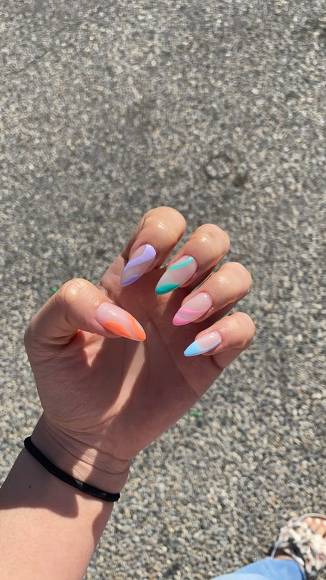 Colored French Manicure Almond Nails, Pastel Almond Shaped Nails, Almond Acrylic Nails Bright Colors, Color Block Almond Nails, Alomd Nails Ideas Cute, Holiday Nails Summer 2023 Pastel, Pastel Ombre Nails Almond, Almond Nails Designs Pastel, Pastel Round Nails