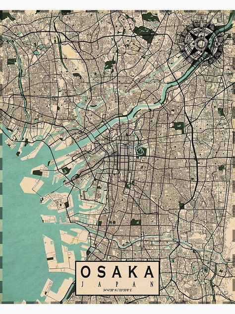 "Osaka City Map of Japan - Vintage" Poster by deMAP | Redbubble Map Of Japan, Maps Aesthetic, Retro Map, Japan Map, Japan Guide, Map Vintage, Osaka Japan, Vintage Poster Art, Map Wall Art